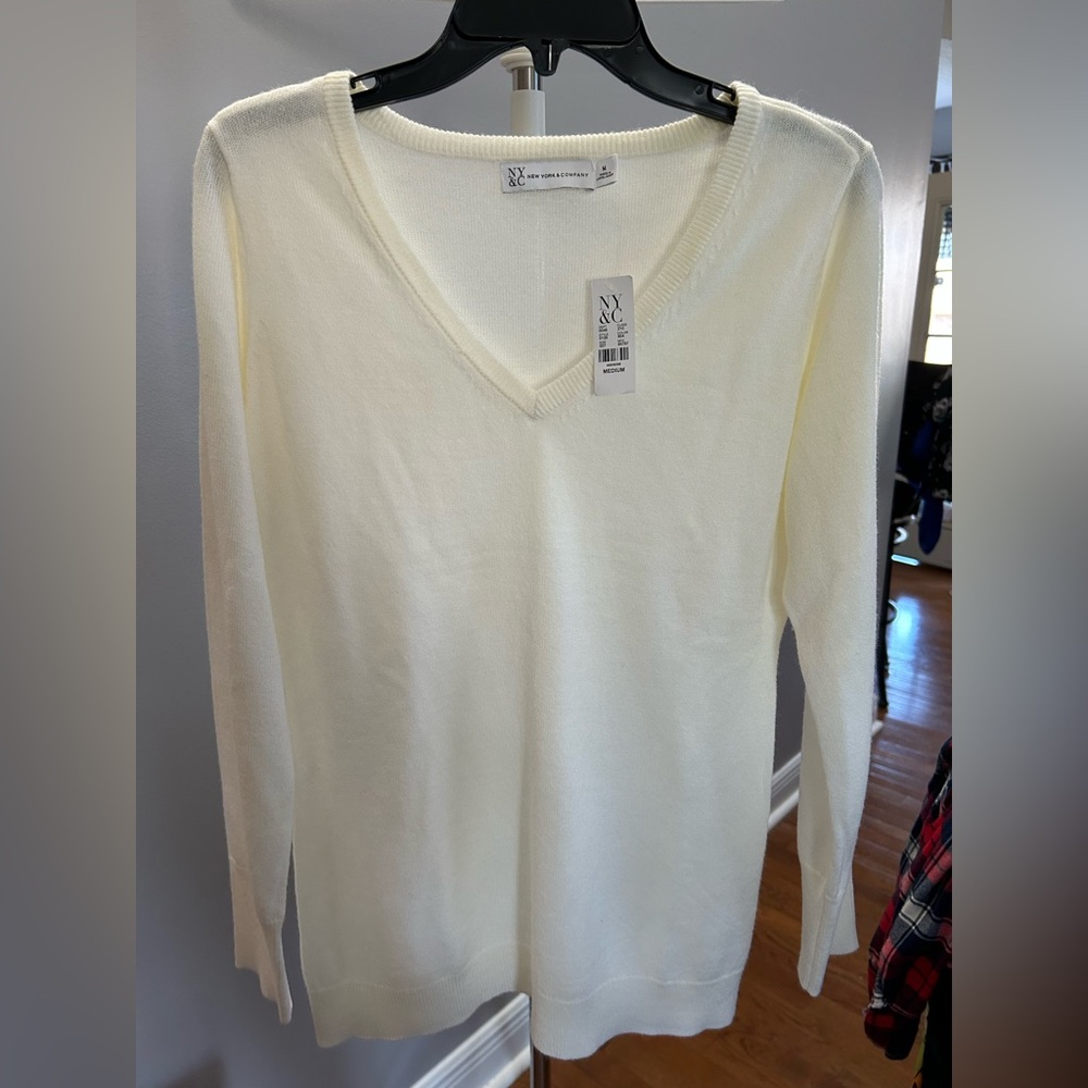 New York & Company Women's V-Neck Sweater in Cream
